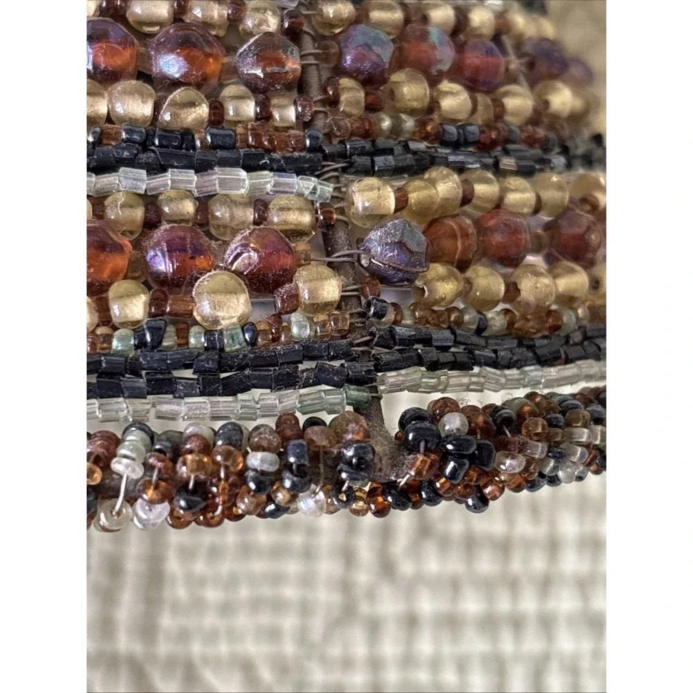 Vintage Beaded Lamp Shade Amber Brown Seed Bead Wire Frame Replacement Shade 4
